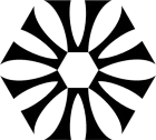 A circular, star-like geometric design with eight curved, petal-shaped arms radiating from a central hexagon, outlined in white on black.