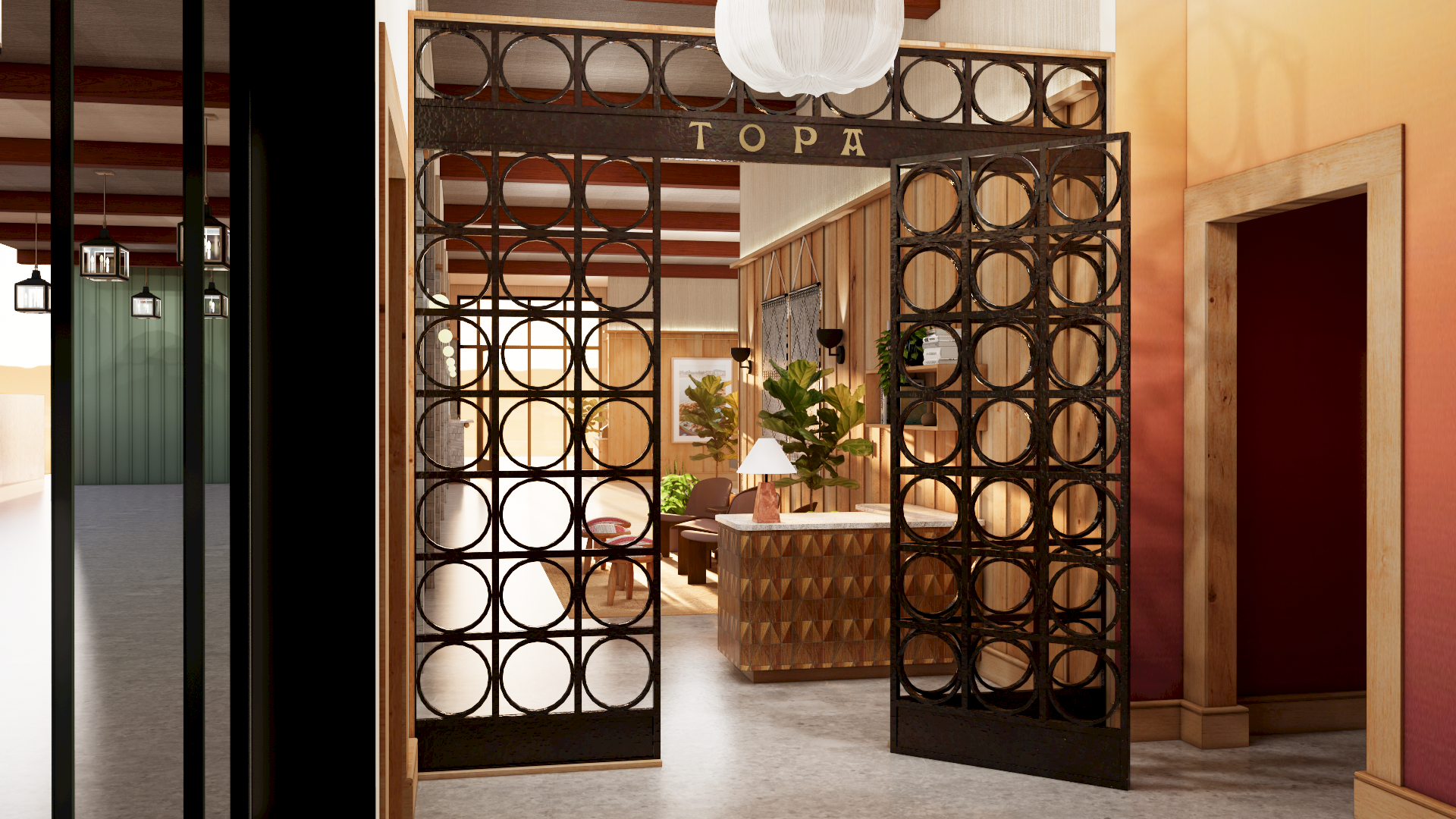 Warm apartment hallway with wooden walls, round metal grilles, chandeliers, and a plant-filled seating area beyond, with &ldquo;TOPA&rdquo; signage above.