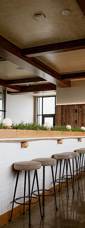 Modern bar interior with wooden beams, white brick counter topped with herbs, and many striped barstools under recessed lights.