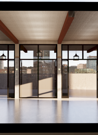 A modern, airy interior with wooden beams, large glass walls, polished floors, and a bright, open lobby or corridor.